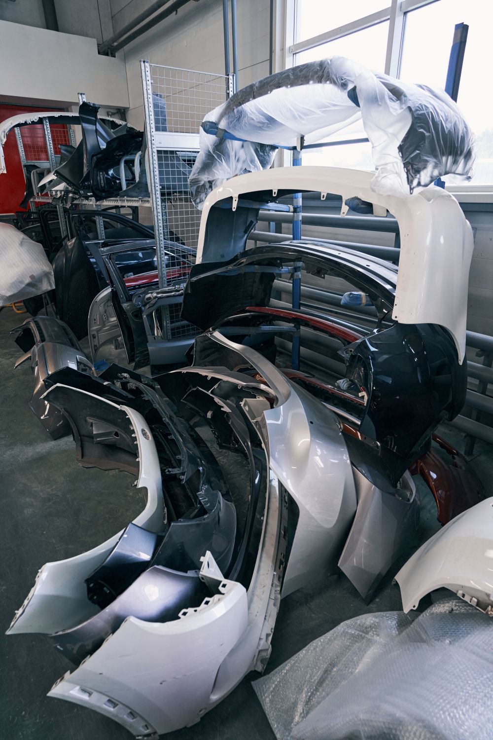Panneaux et pare‑chocs en attente de réparation dans un atelier de carrosserie au Québec