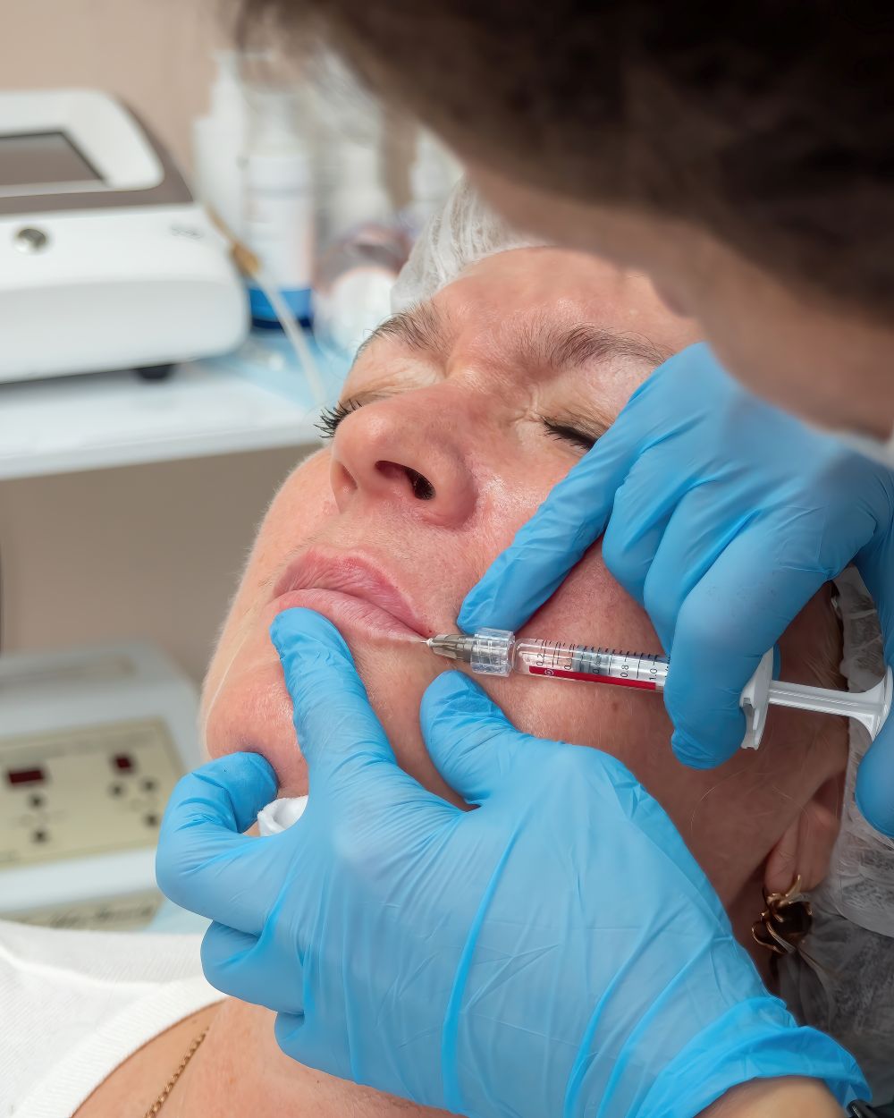 Préparation de la peau avant un soin médico-esthétique au Québec, par un professionnel en clinique.